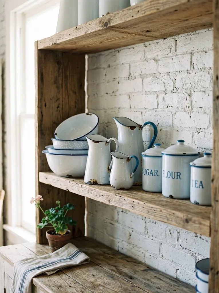 Chipped blue and white enamelware pitchers and bowls on a farmhouse kitchen shelf