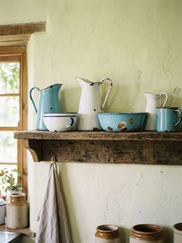 Chipped vintage enamelware pitchers displayed on a shelf