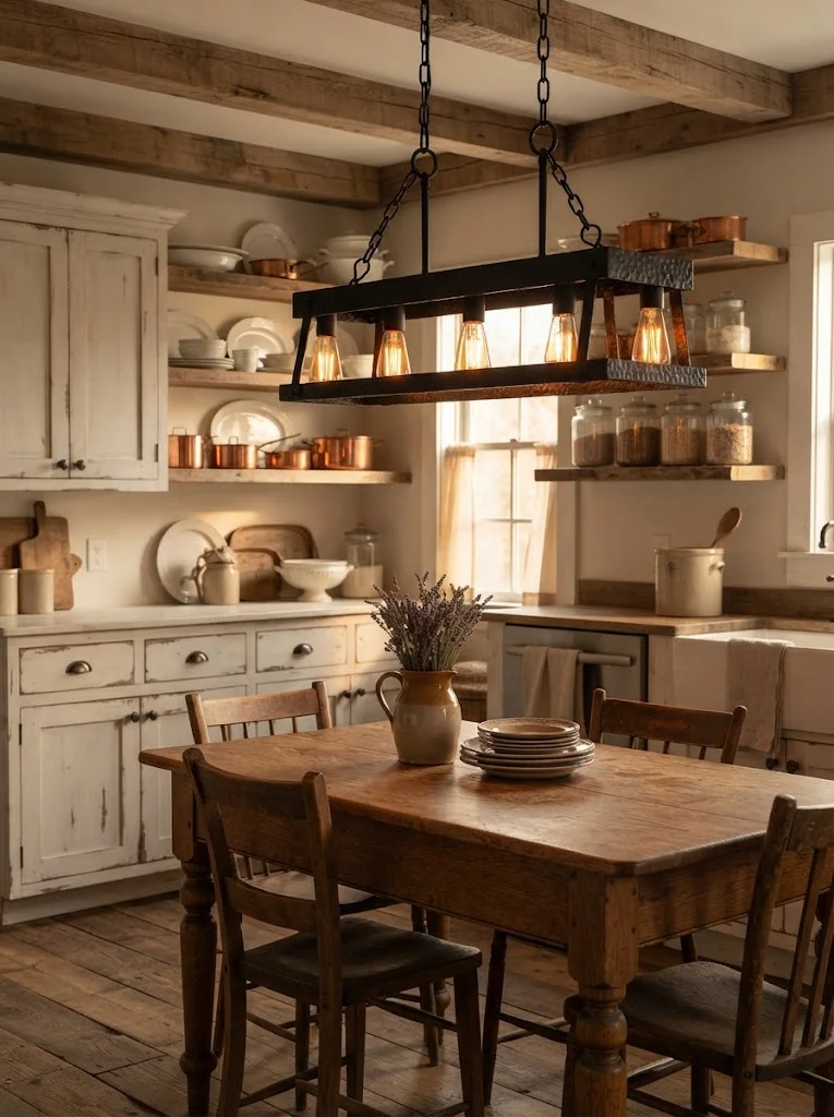 Vintage farmhouse pendant light with exposed bulbs above a wood dining table