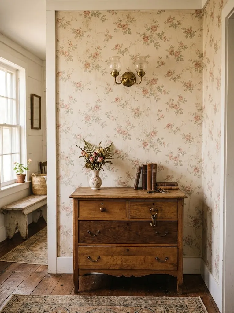 Faded floral vintage wallpaper used as an accent wall in a cottagecore bedroom