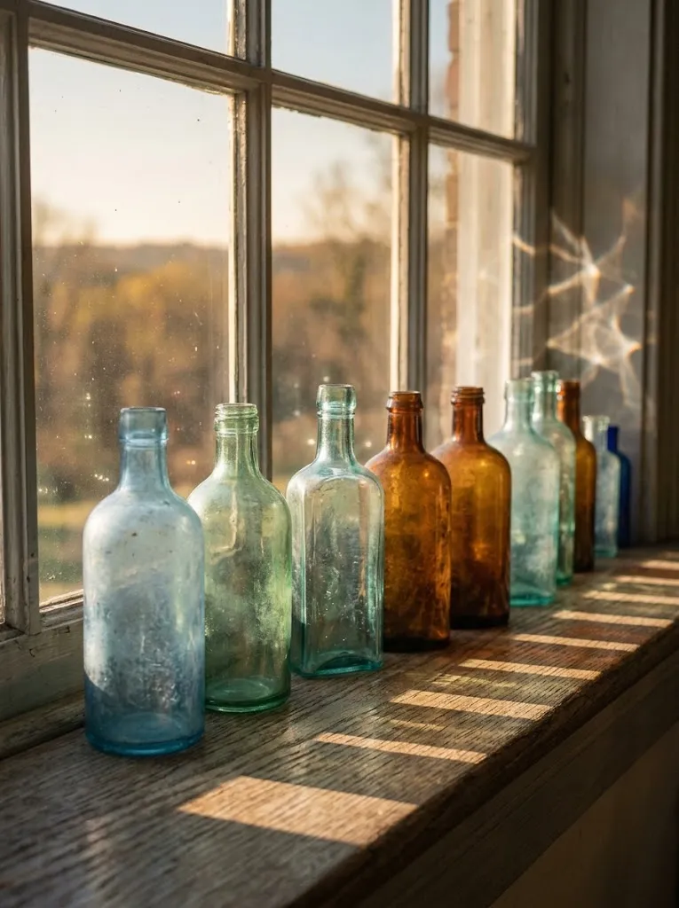 Vintage glass bottle collection on a sunlit windowsill