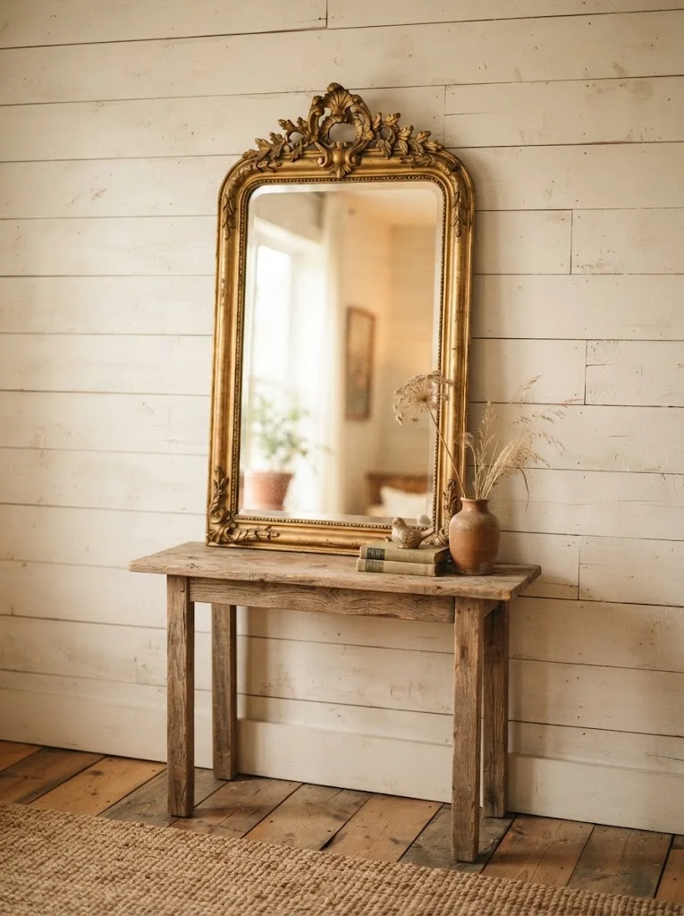 Vintage gold-framed mirror leaning against a wall above a rustic console table