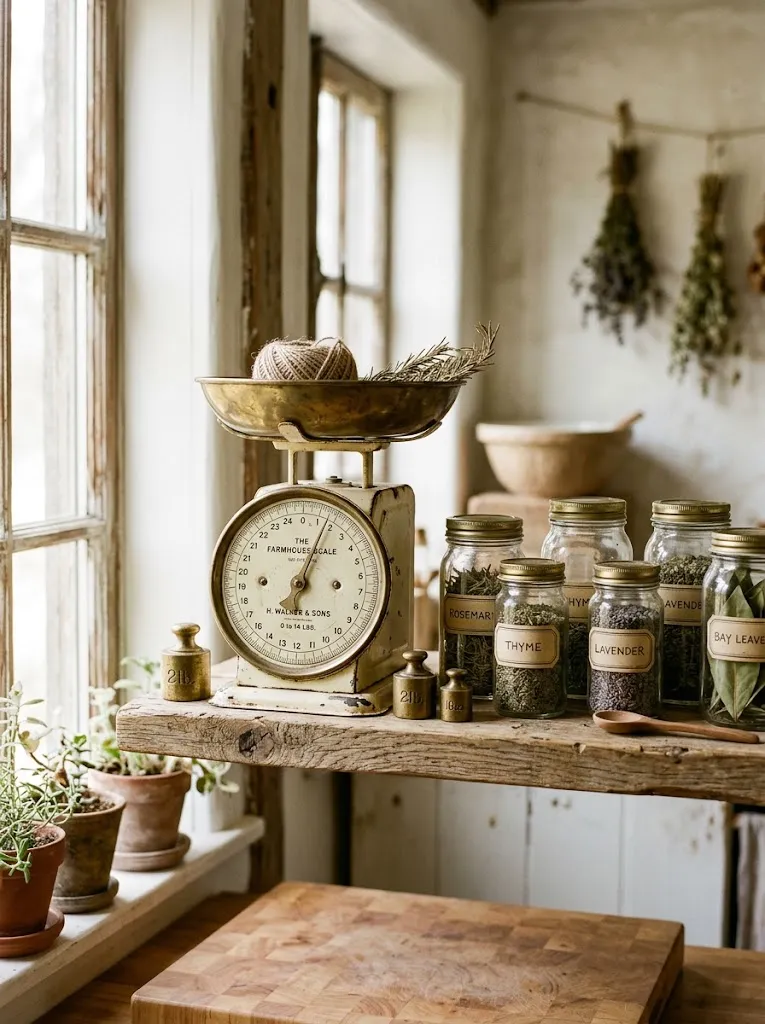 Antique brass and enamel kitchen scale displayed on an open farmhouse shelf