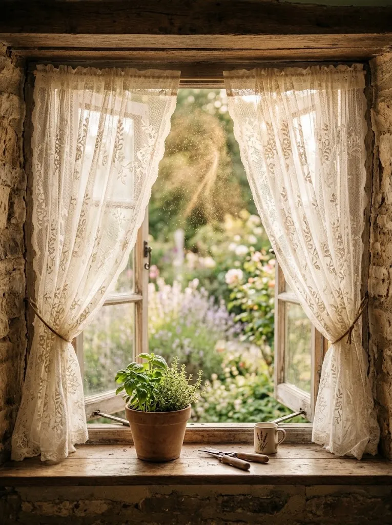 Vintage lace curtains on a sunlit window in a cottagecore style home