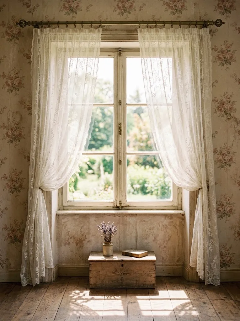 Sheer vintage lace curtains on a sunlit cottage window