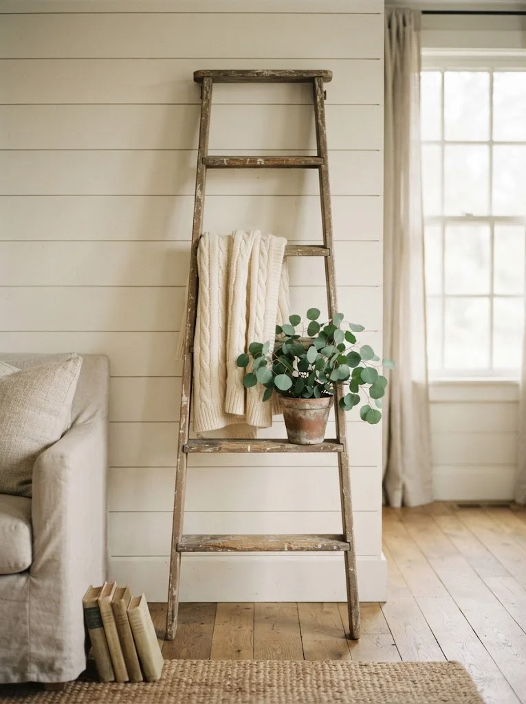 Vintage wooden ladder styled with blankets and plants for rustic decor