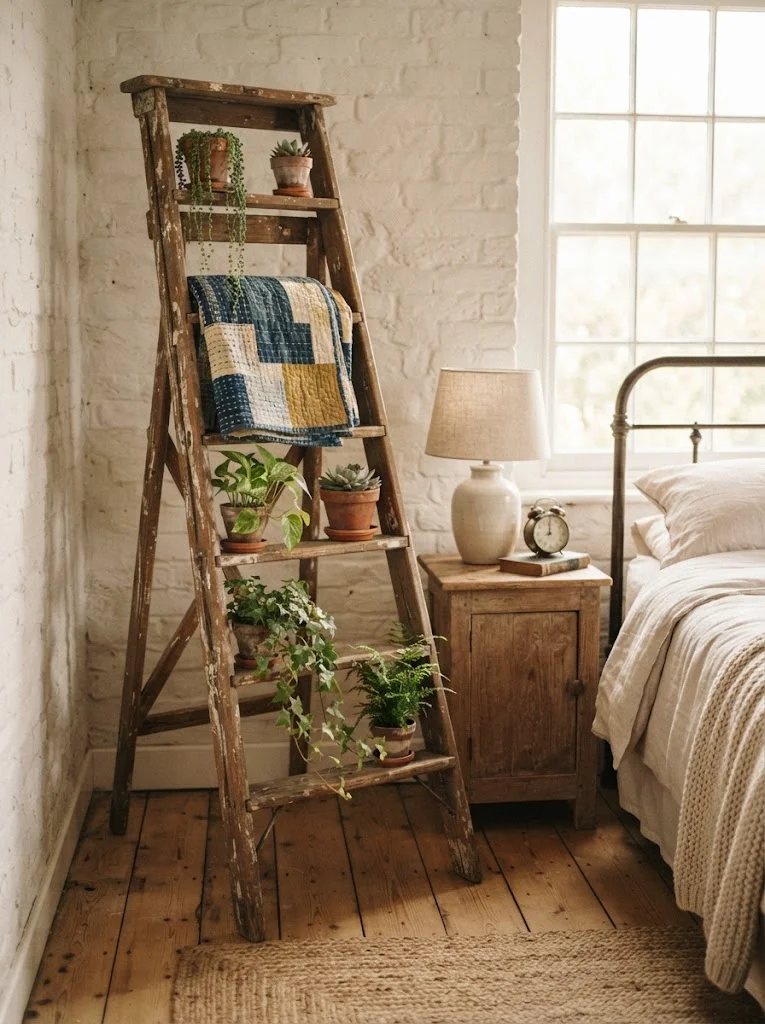 Vintage wooden ladder used as a leaning shelf in a rustic bedroom corner