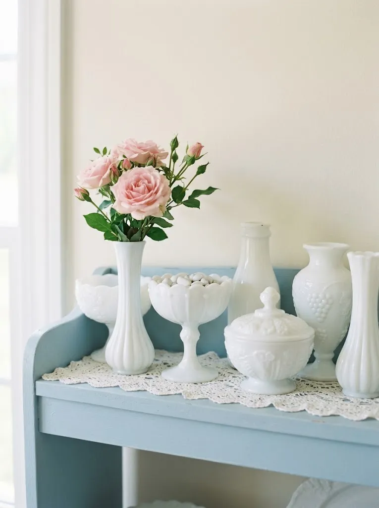 Antique white milk glass vases and compotes on a painted shelf with a small bouquet of pink roses