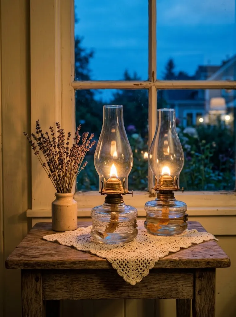 Antique glass oil lamps with brass burners glowing on a rustic wooden side table