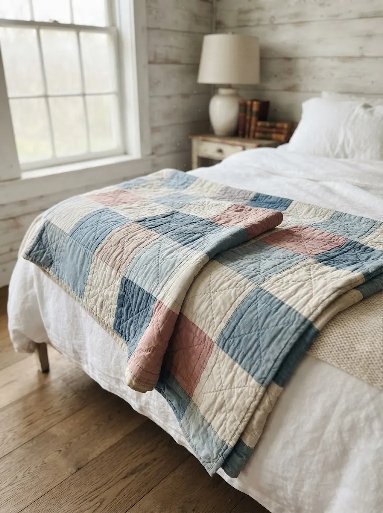 Faded blue, cream, and rose patchwork quilt folded across a white farmhouse bed