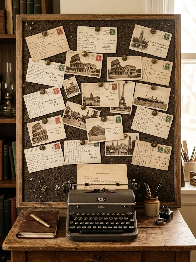 Vintage travel postcards pinned to a cork board in a cottagecore study nook