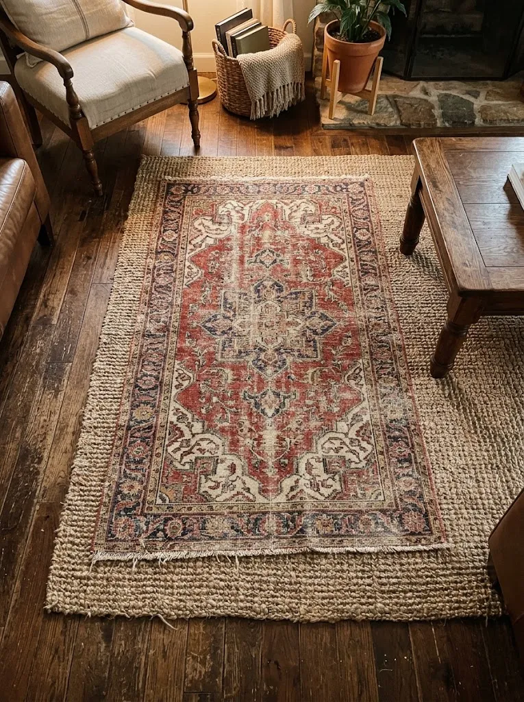 Faded vintage Persian rug layered over a jute rug for vintage inspired decorating