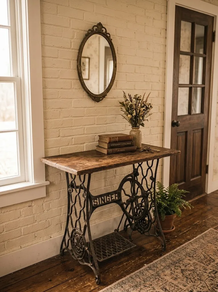Antique treadle sewing machine table repurposed as a vintage entryway console