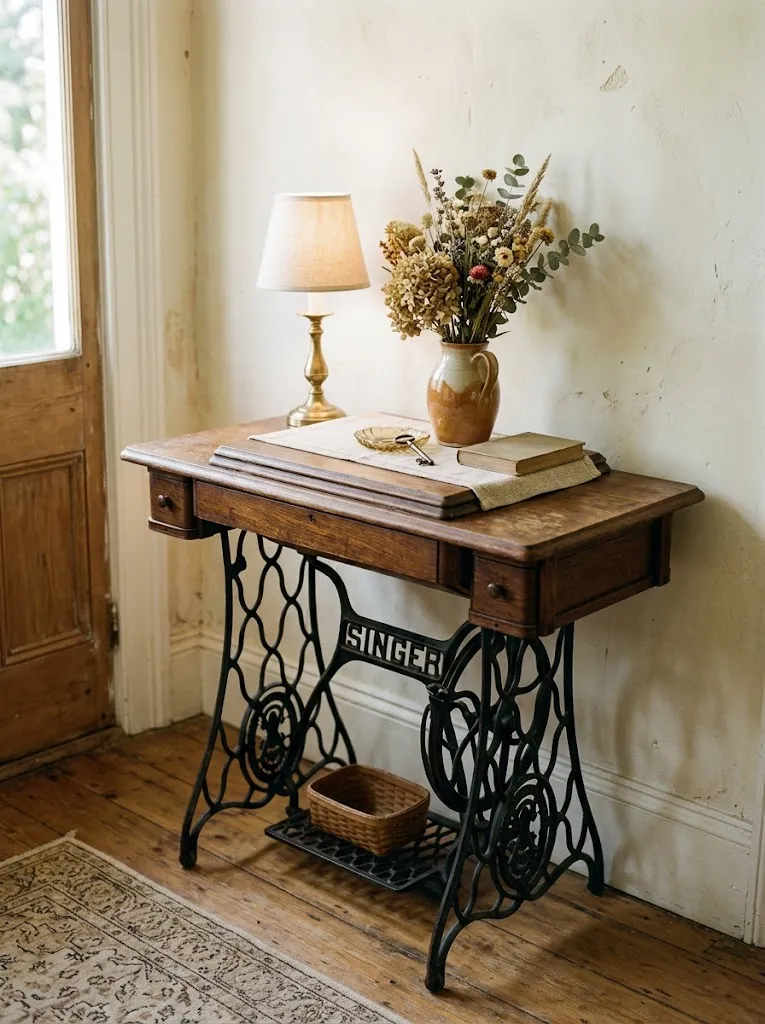 Vintage treadle sewing machine table used as an entry console