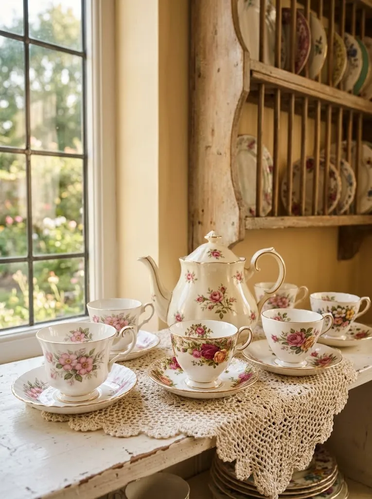 Vintage floral teacups and a cream teapot displayed on a white shelf with a lace doily