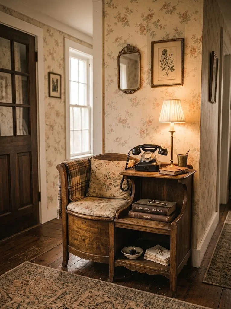 Vintage wooden telephone table styled in a cottagecore hallway corner