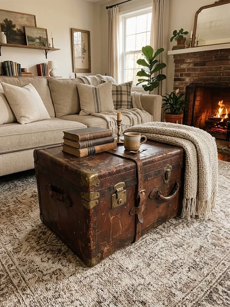 Leather steamer trunk used as a vintage inspired coffee table in a living room