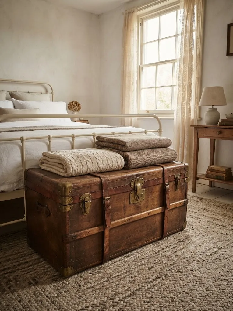 Antique wooden storage trunk with brass latches at the foot of a bed, topped with folded wool blankets