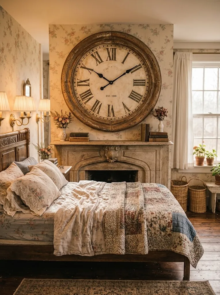 Distressed wood vintage wall clock mounted above a stone fireplace mantel