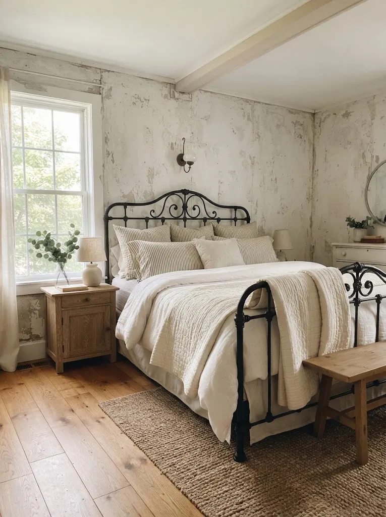 Vintage black wrought iron bed with a cream quilt in a cottage style bedroom