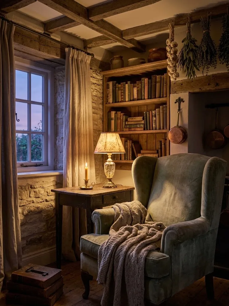 Warm lamp lighting in a cozy cottagecore living room corner