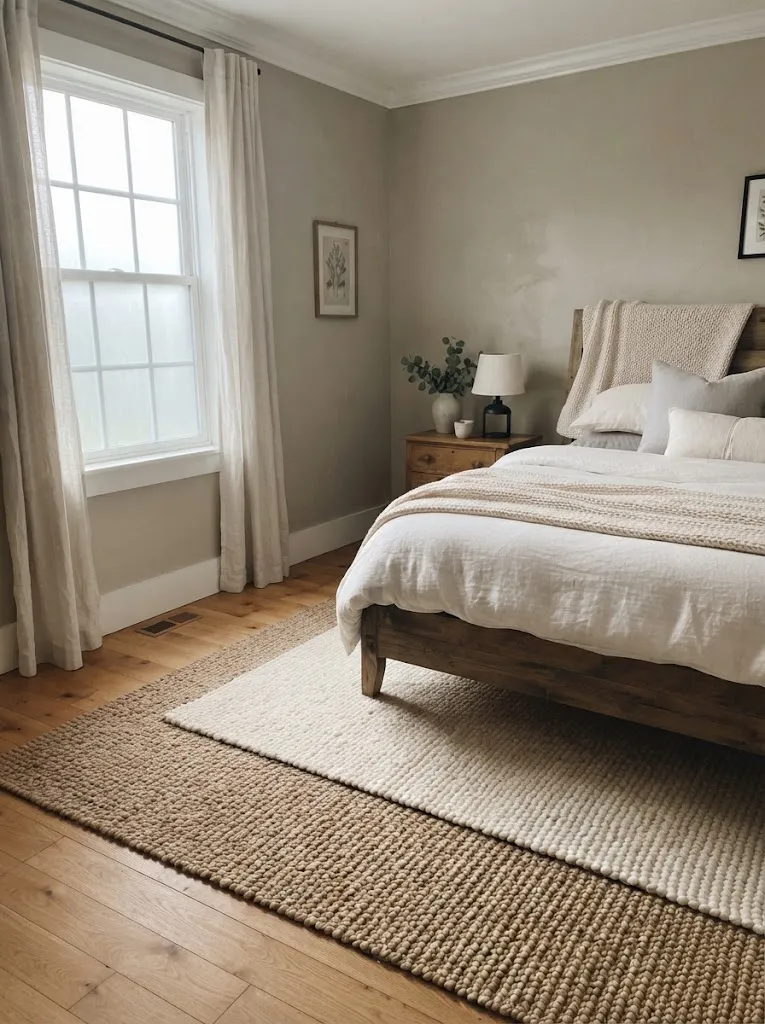 Farmhouse bedroom with warm greige walls, white trim, and a linen bed