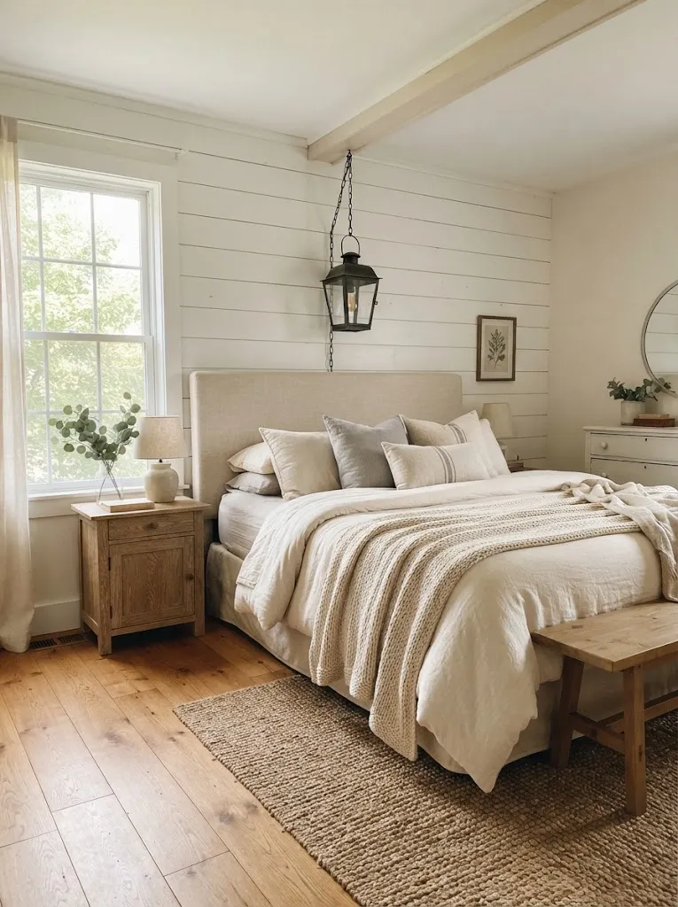 White shiplap accent wall behind a linen bed in a bright farmhouse bedroom