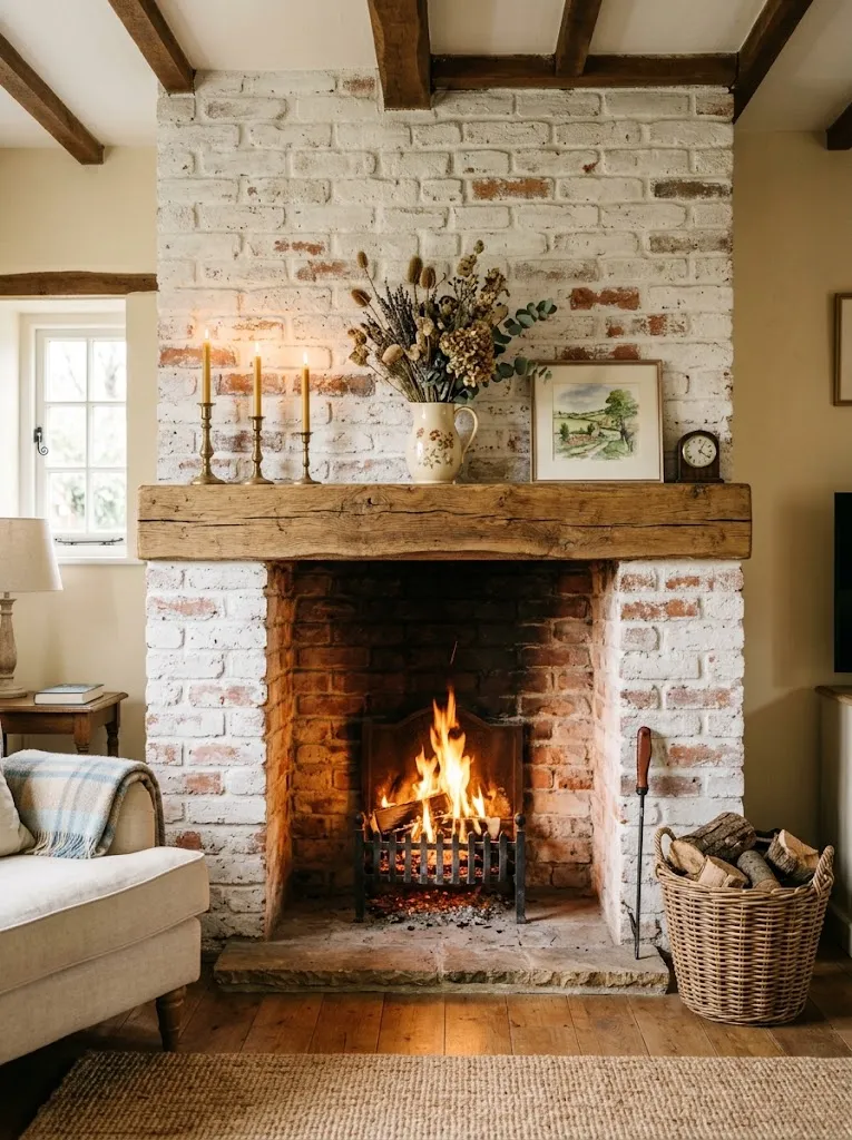 Whitewashed brick fireplace with a wooden mantel, brass candlesticks, and dried flowers