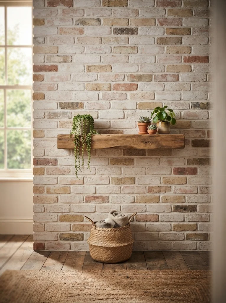 Whitewashed exposed brick wall with a wood floating shelf and plants