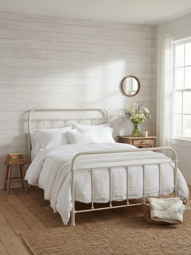 Whitewashed shiplap bedroom wall with soft visible wood grain behind an iron bed and a mason jar of wildflowers