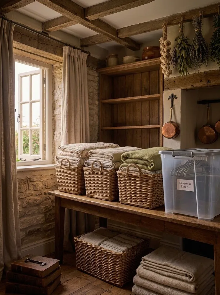 Woven wicker baskets used for storage in a cottagecore home