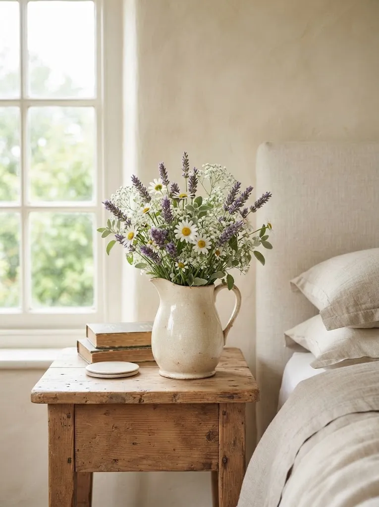 Ironstone pitcher of wildflowers on a rustic wooden bedside table