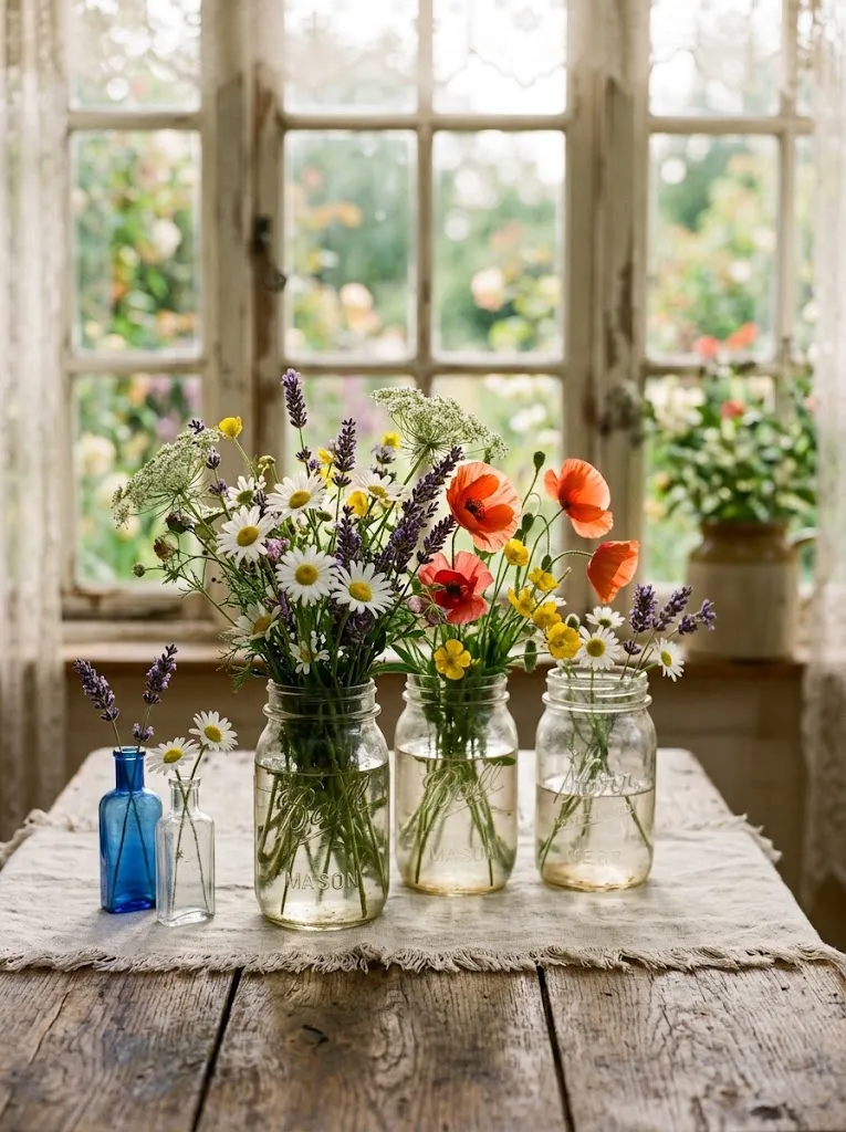 Wildflower bouquets of daisies, lavender, and poppies in mason jars on a rustic wooden table