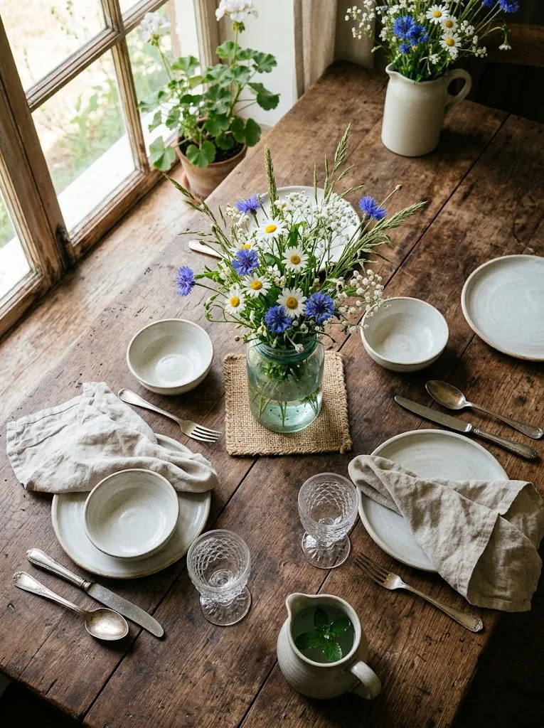 Low wildflower centerpiece in a glass jar on a dining table