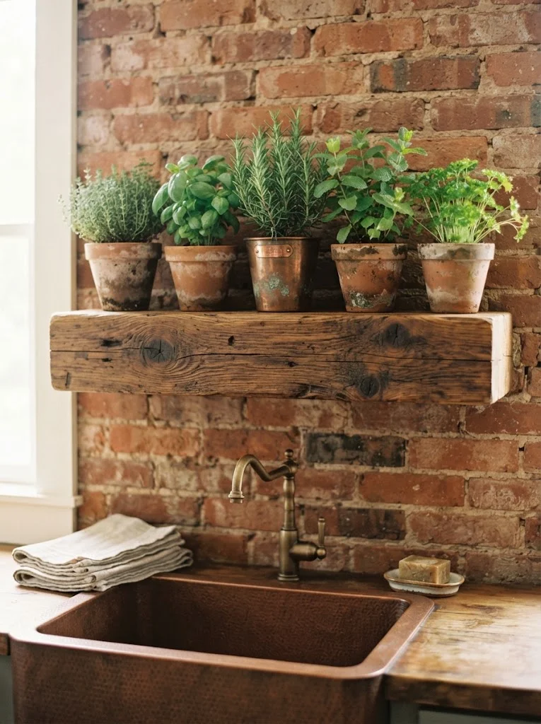 Wood beam floating shelf holding herb pots above a rustic kitchen sink