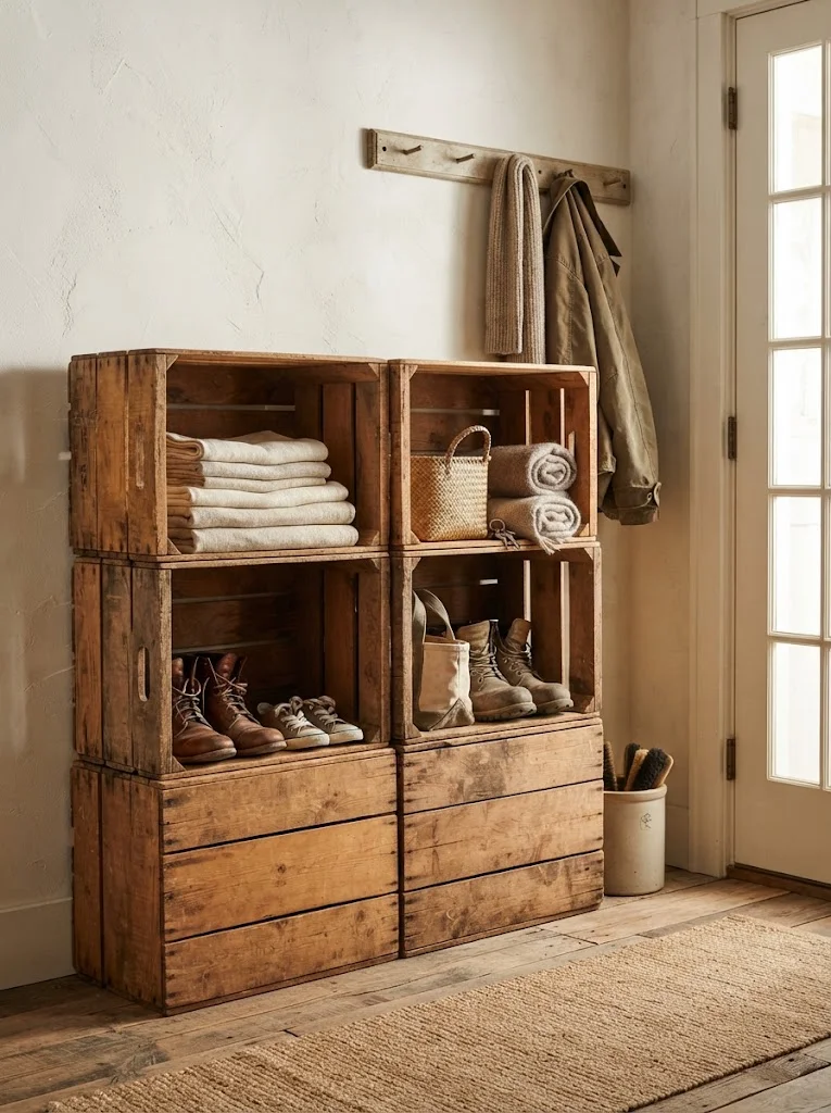 Stacked wood crates used as rustic budget storage cubbies in a mudroom