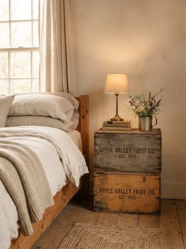 Stacked vintage wooden apple crates used as a rustic nightstand with a small lamp, books, and wildflowers