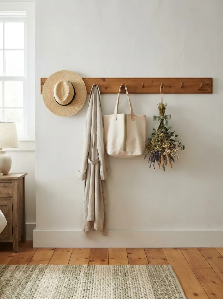Shaker style wooden peg rail holding a straw hat, linen robe, and canvas tote