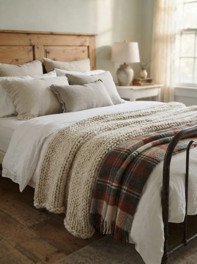 Layered oatmeal wool throw and rust plaid blanket over a cream duvet on a cozy bed with a pine headboard