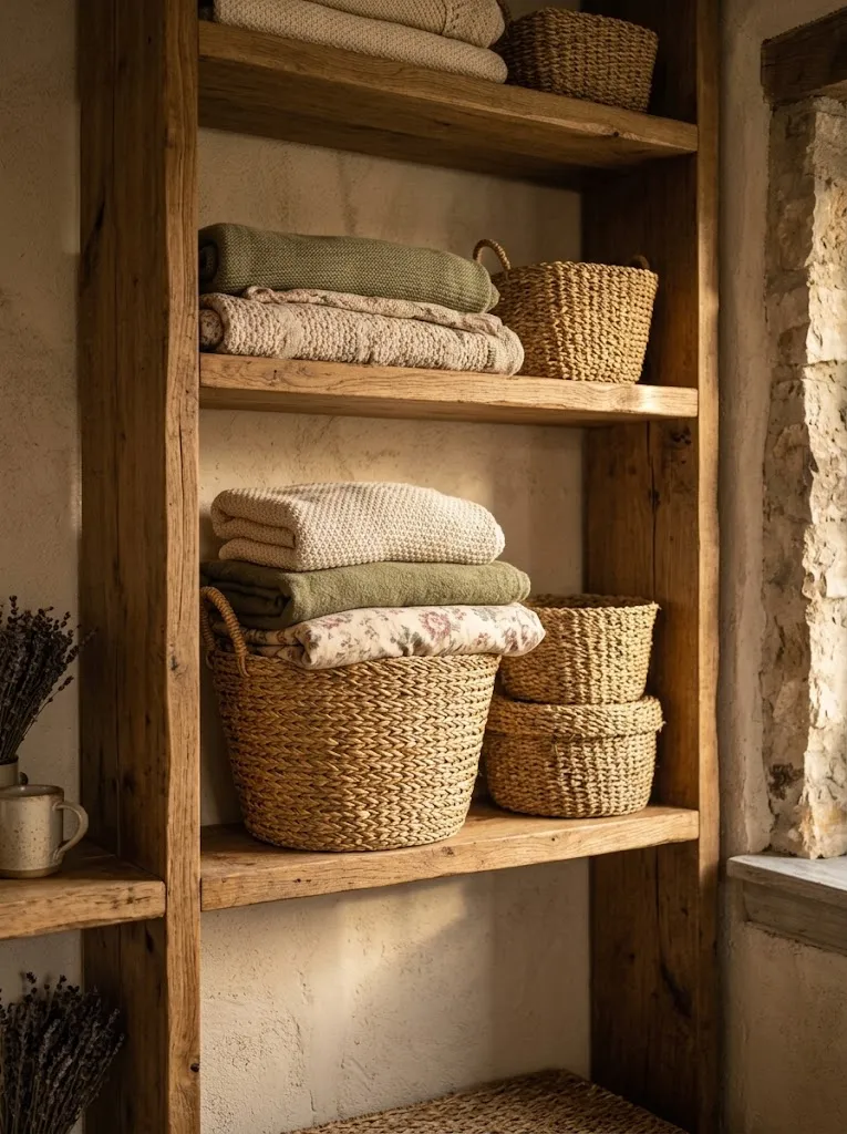 Woven basket storage on open shelving in a cottagecore home