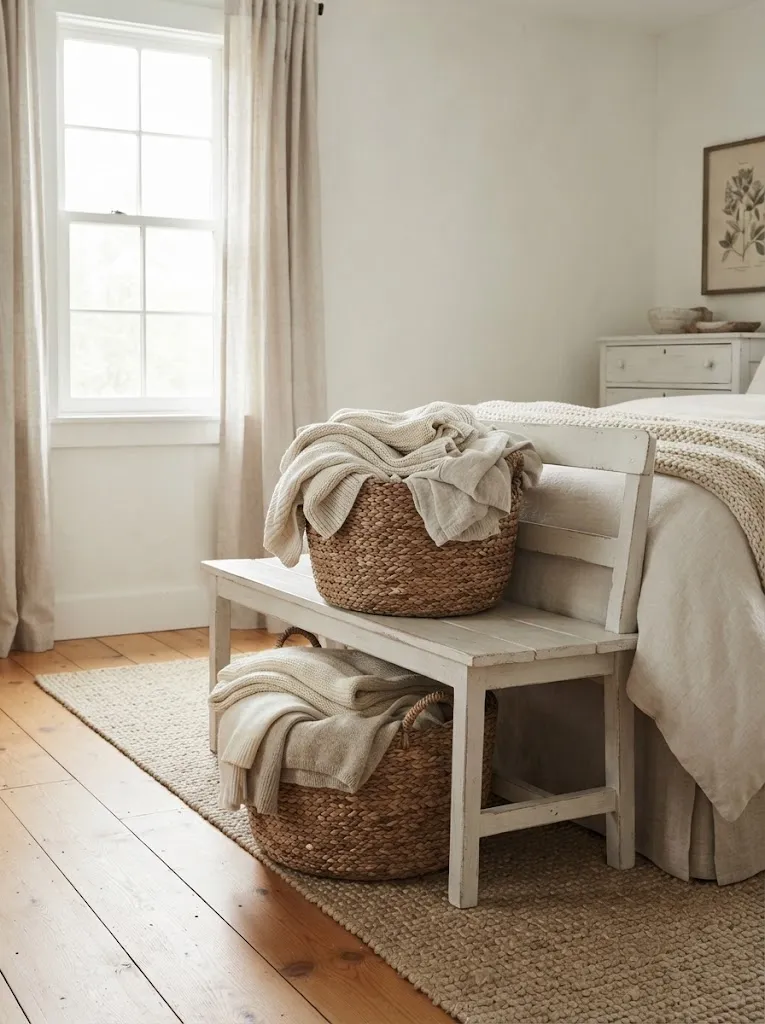 Woven seagrass baskets with folded blankets stored under a white bedroom bench