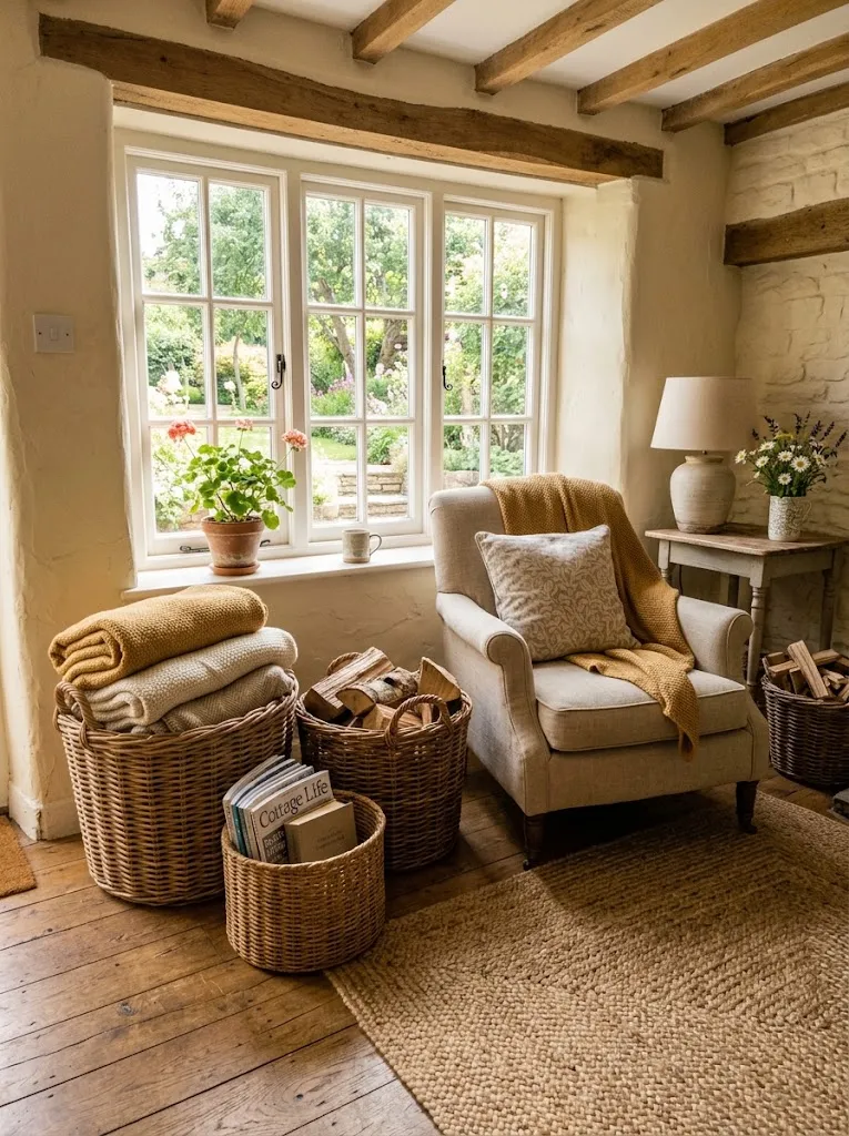 Woven wicker baskets holding blankets and firewood beside a cottage armchair