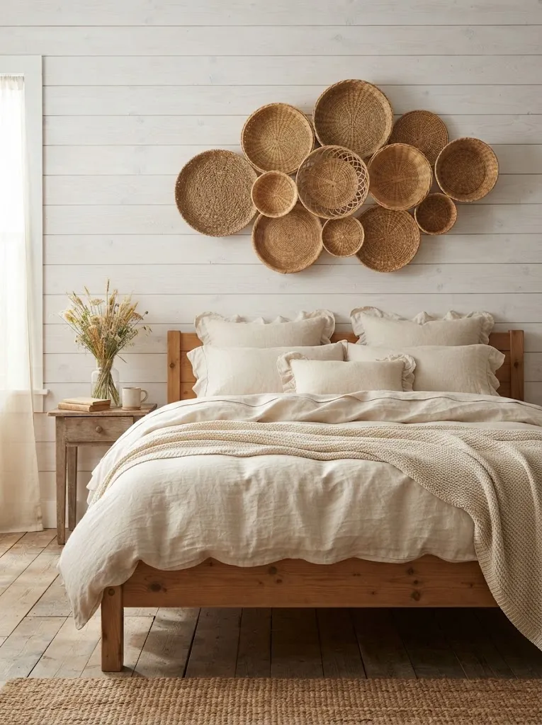 Cluster of round woven seagrass baskets hung on a whitewashed bedroom wall above a pine bed with linen bedding