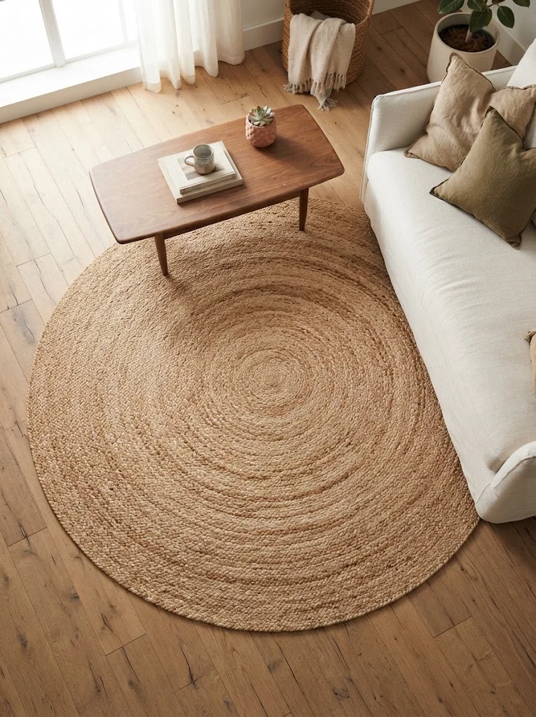 Woven jute area rug on wood flooring in a rustic living room