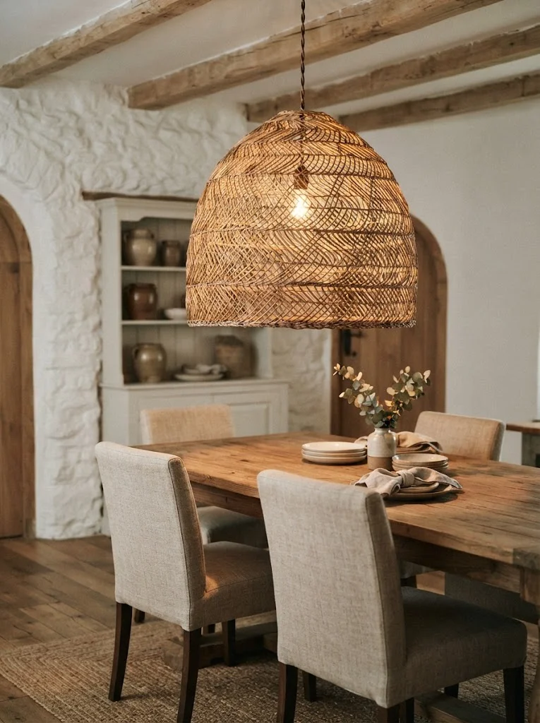 Woven rattan pendant light hanging above a rustic dining table