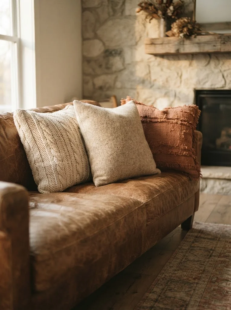 Mixed woven throw pillows styled on a leather sofa for rustic decor