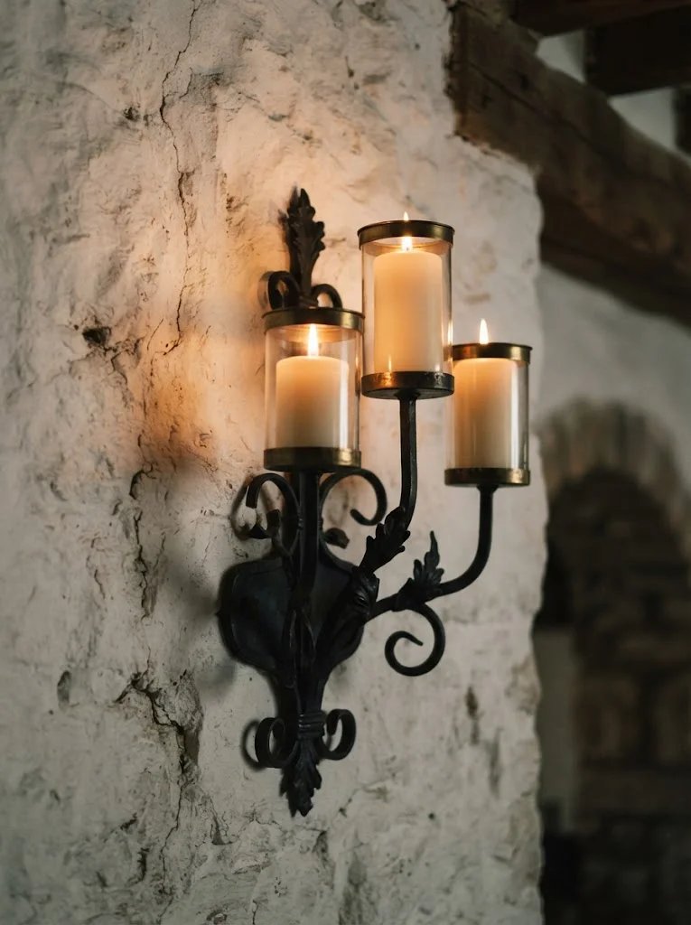 Black wrought iron candle sconce mounted on a stone wall for rustic decor