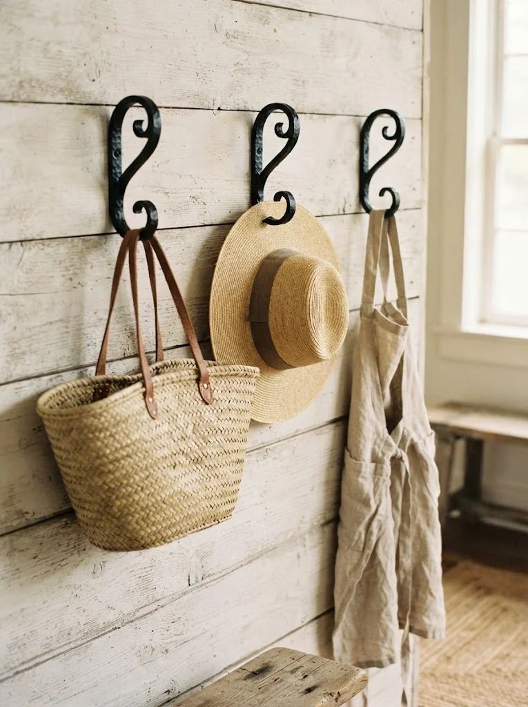 Black wrought iron wall hooks mounted in a rustic farmhouse entryway