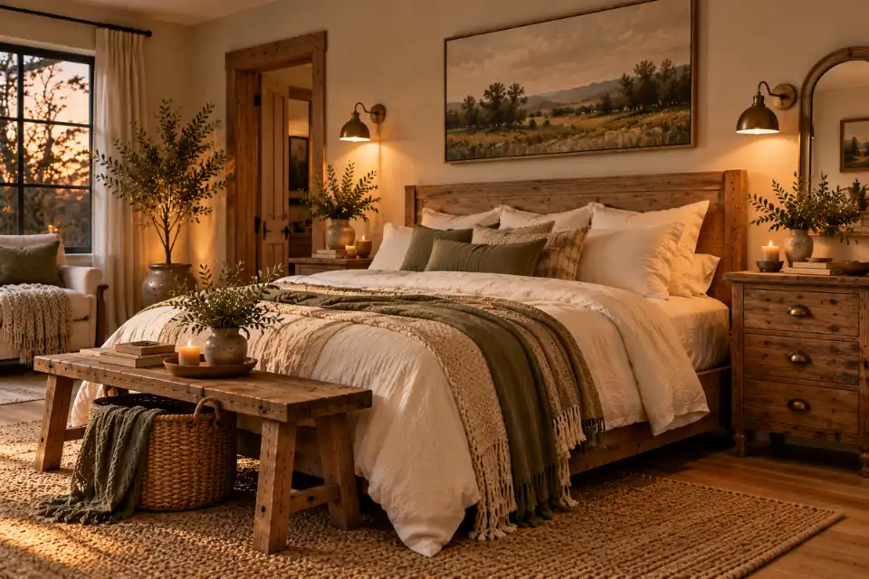 Aged brass bedside sconces and vintage brass details in a warm rustic bedroom
