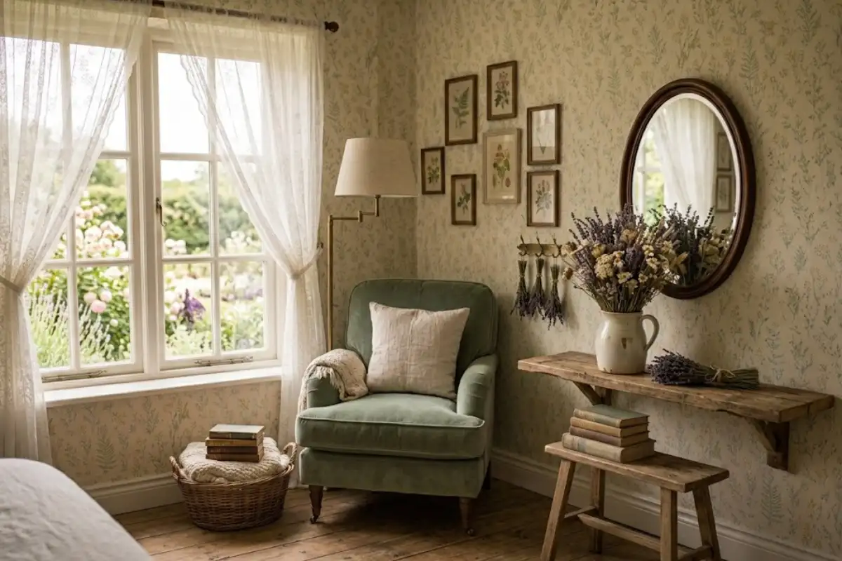 Dried lavender and wildflowers in a ceramic jug on a shelf away from sunlight